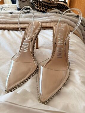 Gianni Bini Nude Pointed Clear Slingback Heels with Rhinestone Edge Word from st